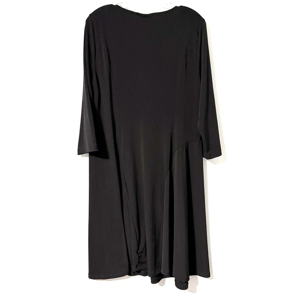 Susan Graver‎ Black Liquid Knit Dress 3/4 A-line Sleeve Keyhole Neck Size L